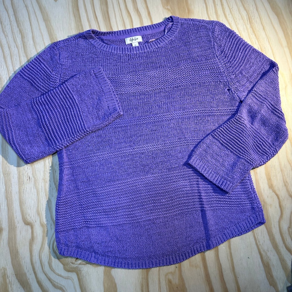 Style & Co Womens XL Purple Textured Mixed Knit Crewneck Sweater Curved Hem